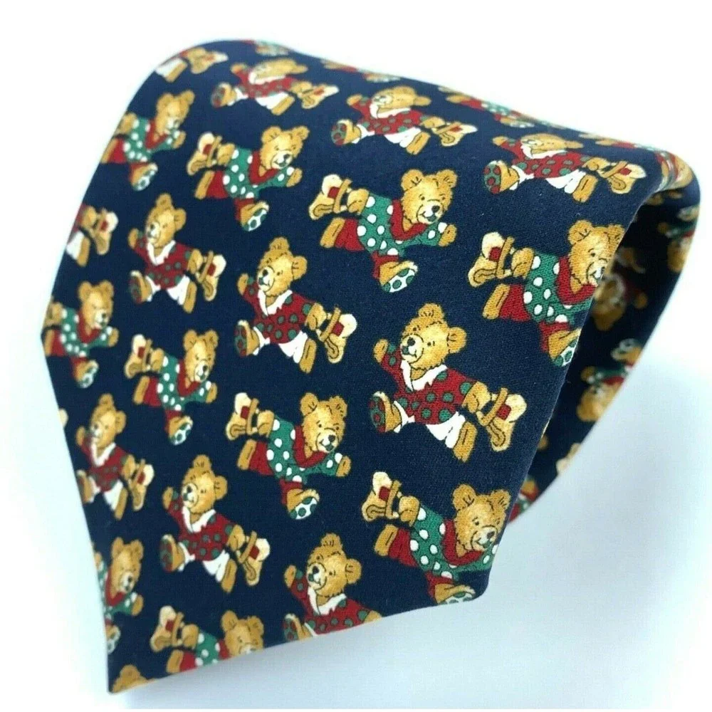 Como Seda Necktie Christmas Bear in Polka Dot Pj's Navy Blue Green Red White Tie